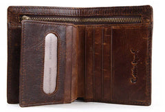 Leather Men billfold wallet Coffee vintage trifold multi cards billfold wallet zip for Men - EverHandmade