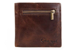 Leather Men billfold wallet Coffee vintage trifold multi cards billfold wallet zip for Men - EverHandmade