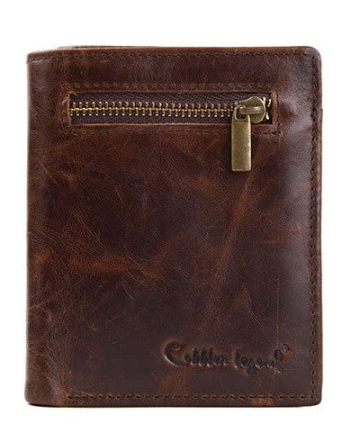 Leather Men billfold wallet Coffee vintage trifold multi cards billfold wallet zip for Men - EverHandmade