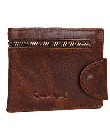 Leather Men billfold wallet Coffee vintage trifold multi cards billfold purse zip for Men