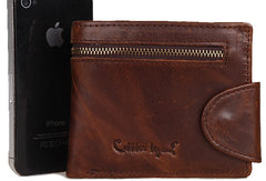 Leather Men billfold wallet Coffee vintage trifold multi cards billfold purse zip for Men