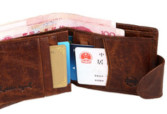 Leather Men billfold wallet Coffee vintage trifold multi cards billfold purse zip for Men