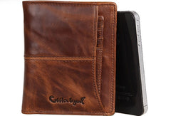 Vintage Bifold Coffee genuine Leather billfold wallet For Men Zipper photo card holder