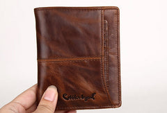 Vintage Bifold Coffee genuine Leather billfold wallet For Men Zipper photo card holder