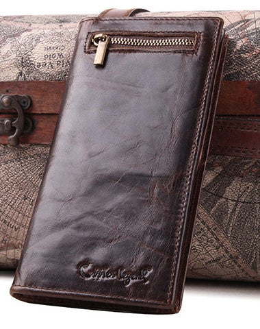 Handmade Vintage Bifold Coffee Men Leather Long wallet clutch purse For Men - EverHandmade