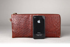 Vintage Bifold Coffee genuine Leather Long wallet clutch bag For Men Zipper holder - EverHandmade