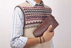 Vintage Bifold Coffee genuine Leather Long wallet clutch bag For Men Zipper holder - EverHandmade