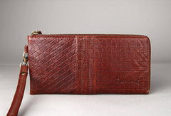 Vintage Bifold Coffee genuine Leather Long wallet clutch bag For Men Zipper holder - EverHandmade