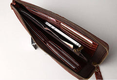 Vintage Bifold Coffee genuine Leather Long wallet clutch bag For Men Zipper holder - EverHandmade