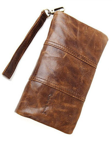 Handmade Vintage Bifold Coffee Leather Long wallet clutch bag For Men Zipper holder