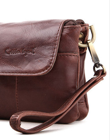 Men Leather clutch Vintage Bifold Coffee Long wallet women leather zip clutch bag - EverHandmade