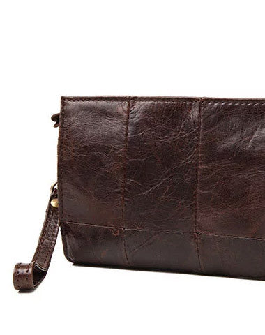 Men Leather clutch Vintage Bifold Coffee Long wallet men leather zip clutch bag