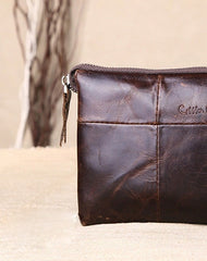 Men Leather clutch Vintage Bifold Dark Coffee Long wallet men leather zip clutch bag - EverHandmade