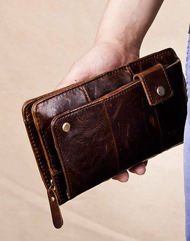 Men Leather clutch Vintage Bifold Black Long wallet men leather zip clutch bag - EverHandmade