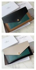 CONTRAST COLOR Khaki Envelope Leather Womens Slim Clutch Purse Checkbook Long Wallet for Women