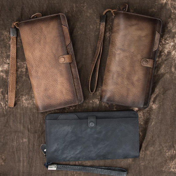 COOL MENS LEATHER Brown Bifold ZIPPER LONG - Back View