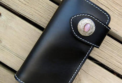 Handmade black men leather biker wallet with chain Long wallet clutch for men
