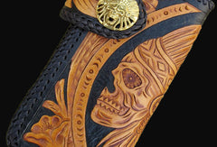 Handmade black yellow leather indian skull carved biker wallet Long wallet clutch for men