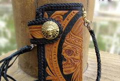 Handmade black yellow leather indian skull carved biker wallet Long wallet clutch for men