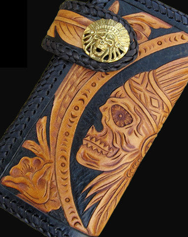 Handmade black yellow leather indian skull carved biker wallet Long wallet clutch for men - EverHandmade