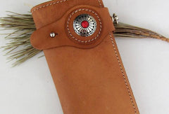 Handmade beige tan men leather biker wallet with chain Long wallet clutch for men