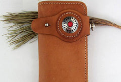 Handmade beige tan men leather biker wallet with chain Long wallet clutch for men