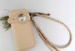 Handmade beige tan men leather biker wallet with chain Long wallet clutch for men