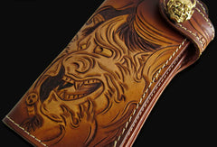 Handmade brown coffee leather prajna carved biker wallet Long wallet clutch for men