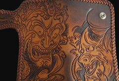 Handmade brown coffee leather prajna carved biker wallet Long wallet clutch for men