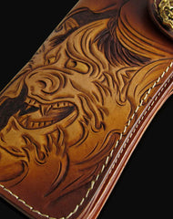 Handmade brown coffee leather prajna carved biker wallet Long wallet clutch for men