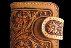 Handmade brown beige leather floral carved biker wallet Long wallet clutch for men - EverHandmade