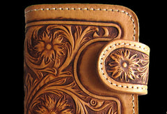 Handmade brown beige leather floral carved biker wallet Long wallet clutch for men