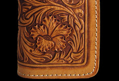 Handmade brown beige leather floral carved biker wallet Long wallet clutch for men - EverHandmade