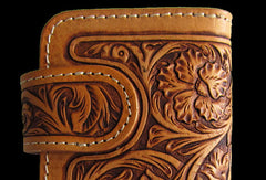 Handmade brown beige leather floral carved biker wallet Long wallet clutch for men - EverHandmade