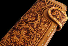 Handmade brown beige leather floral carved biker wallet Long wallet clutch for men