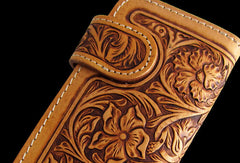 Handmade brown beige leather floral carved biker wallet Long wallet clutch for men - EverHandmade