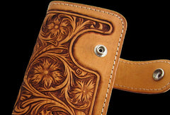 Handmade brown beige leather floral carved biker wallet Long wallet clutch for men - EverHandmade