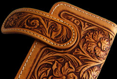 Handmade brown beige leather floral carved biker wallet Long wallet clutch for men - EverHandmade