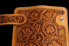 Handmade brown beige leather floral carved biker wallet Long wallet clutch for men - EverHandmade