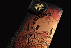 Handmade biker wallet Black Skull leather floral carved biker chain wallet truck wallet - EverHandmade