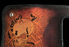 Handmade biker wallet Black Skull leather floral carved biker chain wallet truck wallet