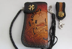 Handmade biker wallet Black Skull leather floral carved biker chain wallet truck wallet - EverHandmade
