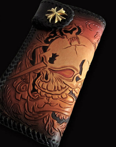 Handmade biker wallet Black Skull leather floral carved biker chain wallet truck wallet - EverHandmade