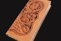 Handmade beige leather floral carved biker wallet Long wallet clutch for men - EverHandmade