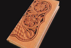 Handmade beige leather floral carved biker wallet Long wallet clutch for men