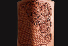 Handmade beige leather floral carved biker wallet Long wallet clutch for men - EverHandmade