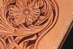 Handmade beige leather floral carved biker wallet Long wallet clutch for men - EverHandmade