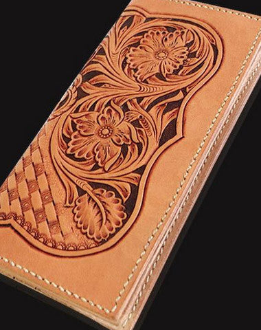 Handmade beige leather floral carved biker wallet Long wallet clutch for men