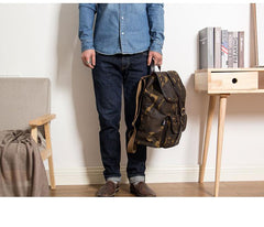 Camouflage Canvas Leather Mens Large 14'' Laptop Backpack College Backpack Hiking Backpack for Men