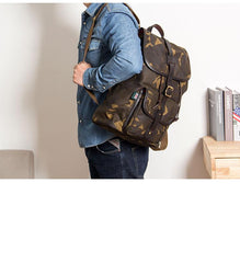 Camouflage Canvas Leather Mens Large 14'' Laptop Backpack College Backpack Hiking Backpack for Men